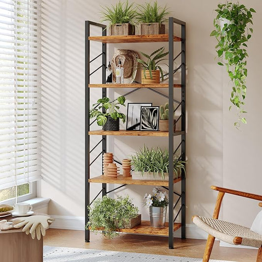 5 Tier Bookshelf, Industrial Tall Bookcase, Modern Display Shelves with Metal Frame and Sidebars for Bedroom, Living Room and Home Office, Rustic Brown