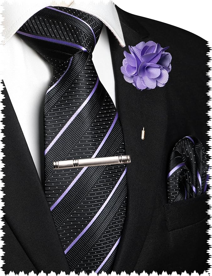 JEMYGINS Mens Striped Tie and Lapel Pin Necktie Pocket Square with Tie Clip Sets for Business Casual 4PCS