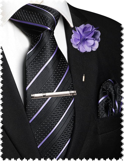 JEMYGINS Mens Striped Tie and Lapel Pin Necktie Pocket Square with Tie Clip Sets for Business Casual 4PCS