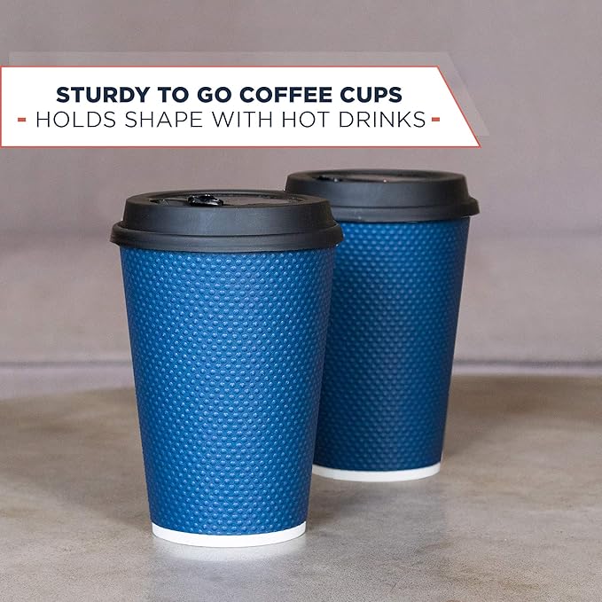 Disposable Coffee Cups With Lids - 12 oz Togo Coffee Cup With Lid (80 Set). To go Travel Paper Hot Cups Insulated For Hot and Cold Beverage Drinks, No Sleeves Needed (Midnight Blue)