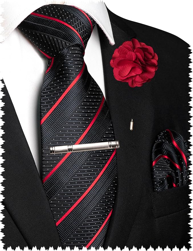 JEMYGINS Mens Striped Tie and Lapel Pin Necktie Pocket Square with Tie Clip Sets for Business Casual 4PCS
