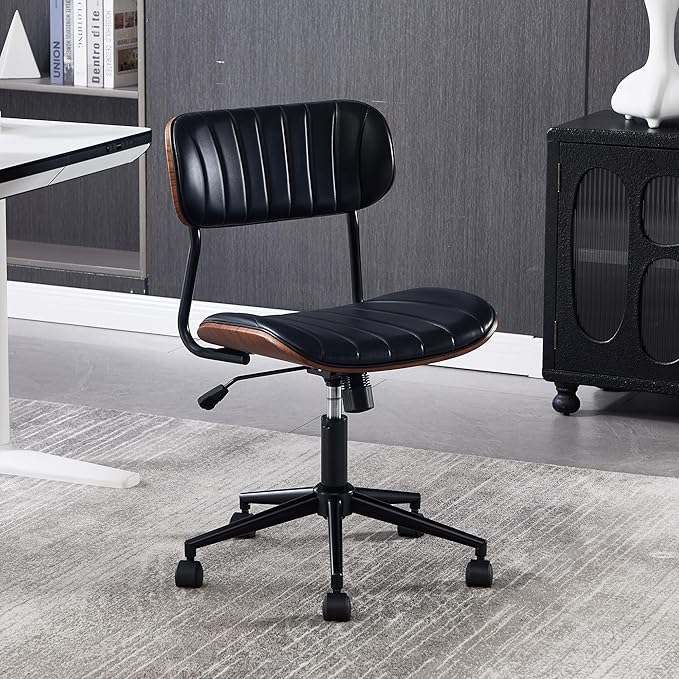 Modern Walnut Home Office Chair，Adjustable Height Desk Chair with Wheels，Armless Computer Chair for Office, Reading Meeting Room, Black