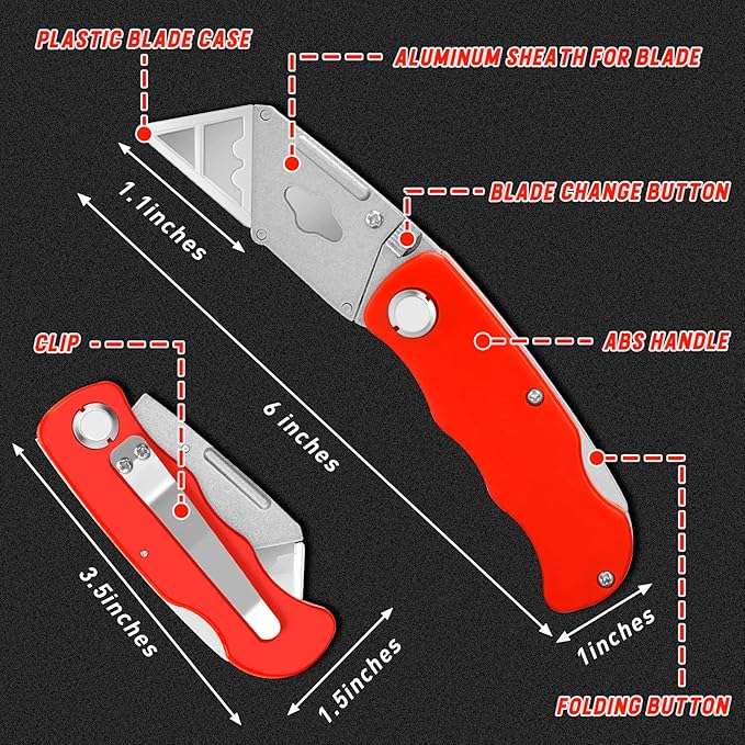 4 Pack Folding Utility Knife with Extra 10Pcs Blades, Box Cutters for Home, Office, Warehouse, Durable Razor Knife, Box Knife, Box Opener, Small Box Cutter with Clip, Navajas de Trabajo