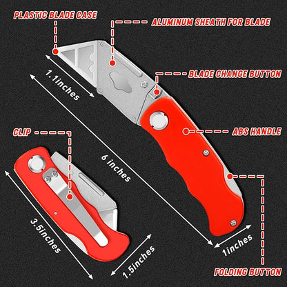 4 Pack Folding Utility Knife with Extra 10Pcs Blades, Box Cutters for Home, Office, Warehouse, Durable Razor Knife, Box Knife, Box Opener, Small Box Cutter with Clip, Navajas de Trabajo