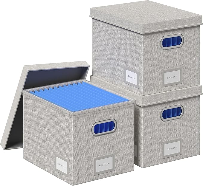 File Organizer Box File Boxes for Hanging Files with Lid Set of 3 Decorative Hanging Folders Organizer with One-Piece Plastic Frame Slides (13.2 * 10.1 * 10.1in(3Pack), Light Grey)