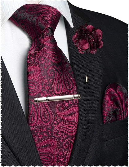 JEMYGINS Mens Paisley Tie and Lapel Pin Necktie Pocket Square and Tie Clip with Sets for Business Casual 4PCS