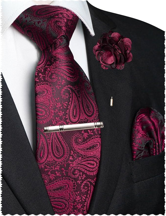 JEMYGINS Mens Paisley Tie and Lapel Pin Necktie Pocket Square and Tie Clip with Sets for Business Casual 4PCS