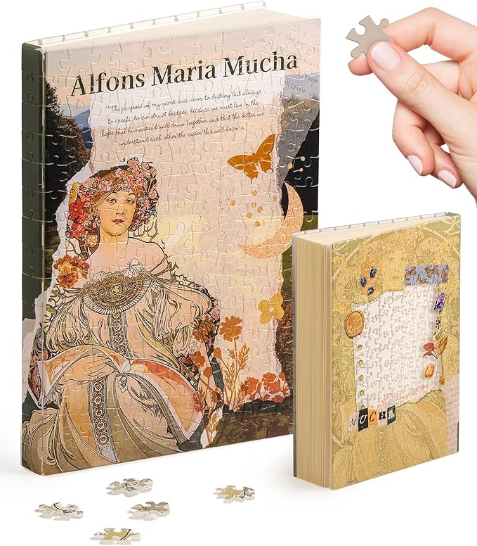 PieceRelax A5 Puzzle Journal for Adults, 300 Piece Plastic Jigsaw Book Cover (Includes Notebook) - Alphonse Mucha - Reverie Diary, Unique Gift [YA1057]