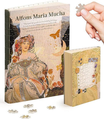 PieceRelax A5 Puzzle Journal for Adults, 300 Piece Plastic Jigsaw Book Cover (Includes Notebook) - Alphonse Mucha - Reverie Diary, Unique Gift [YA1057]