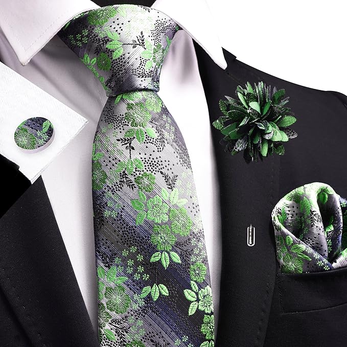 GUSLESON 3.15"（8cm） Mens Floral Tie and Lapel Pin Necktie Hankerchief Cufflinks Set for Men