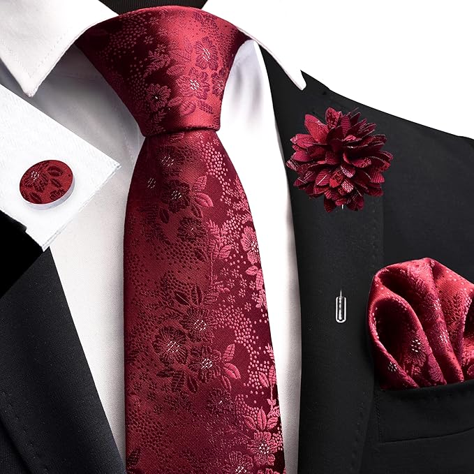 GUSLESON 3.15"（8cm） Mens Floral Tie and Lapel Pin Necktie Hankerchief Cufflinks Set for Men