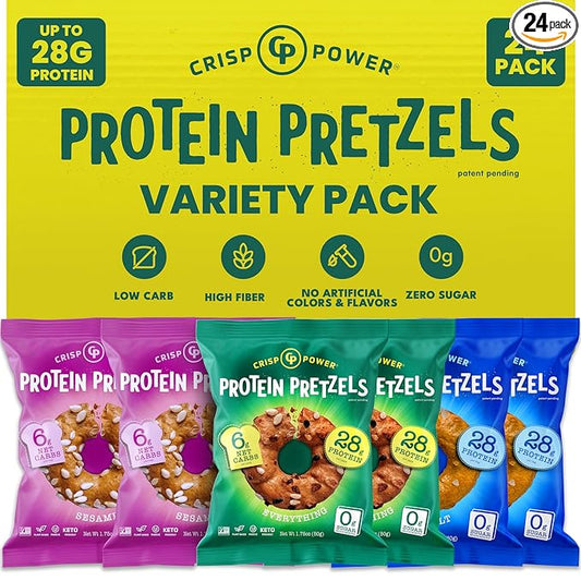 Crisp Power Protein Pretzels, Variety Pack With Sea Salt, Sesame, & Everything, Vegan Keto Snack, Plant Based Protein, Low Carb Crunchy Pretzel Snacks, No Added Sugar, No Seed Oils, 1.75 Oz Bags, 24 Pack
