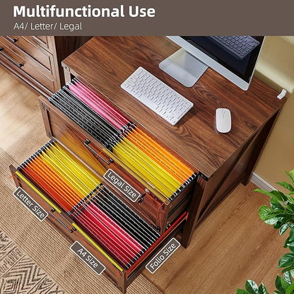 JXQTLINGMU 2 Drawer Farmhouse File Cabinet, Lateral Filing Cabinet with Lock for Home Office, Compatible Legal Letter A4 F4 Size, Brown