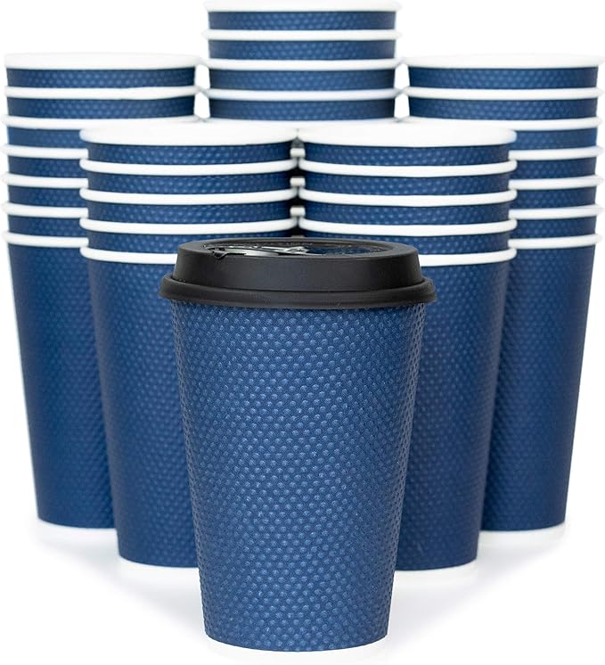 Disposable Coffee Cups With Lids - 12 oz Togo Coffee Cup With Lid (80 Set). To go Travel Paper Hot Cups Insulated For Hot and Cold Beverage Drinks, No Sleeves Needed (Midnight Blue)
