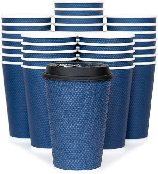 Disposable Coffee Cups With Lids - 12 oz Togo Coffee Cup With Lid (80 Set). To go Travel Paper Hot Cups Insulated For Hot and Cold Beverage Drinks, No Sleeves Needed (Midnight Blue)