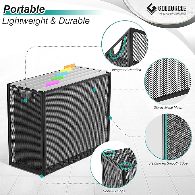 Hanging File Organizer, Letter-Size File Holder with 5 Folders, Modern Metal Mesh Storage Basket, Black and Grey, 12.2 x 9.45 x 5.45 inches