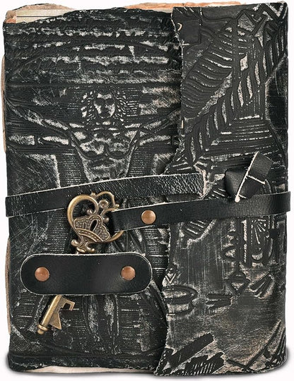 LEATHER VILLAGE Genuine Leather Handmade Journal for Men & Women – Vitruvian Man Embossed Cover – Key Closure – Book of Shadow – Vintage Deckle Edge Paper for Writing, Drawing – 7x5 Inches – Black