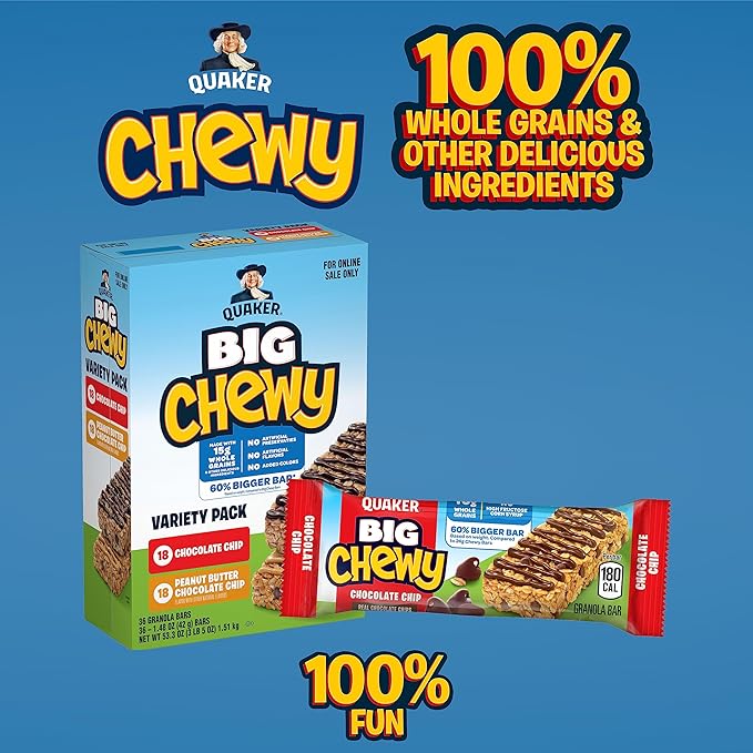Quaker Big Chewy Granola Bars, 60% Larger, 2 Flavor Variety Pack, 36 Count (Pack of 1)