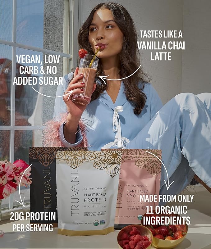 Truvani Vegan Pea Protein Powder | Vanilla Chai | 20g Organic Plant Based Protein | 10 Servings | Keto | Gluten & Dairy Free | Low Carb | No Added Sugar