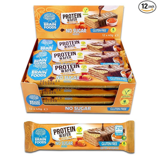 BRAIN FOODS Gluten Free Vegan Caramel Protein Wafers - 12 Bars, No Sugar Added, 8 grams Protein, No Palm Oil, 1.4 oz, 210 Calories, Guilt Free Snack, Natural Caramel Flavoring