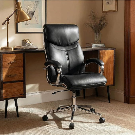 COLAMY Marcus Executive PU Leather Office Chair, High-Back Home Desk Chair Padded Seat & Back, Smooth-Rolling Casters – Luxury Ergonomic Desk Chair for Professional Workspaces (Black)