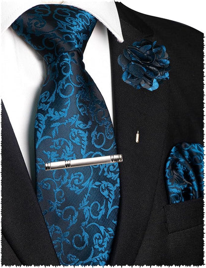 JEMYGINS Mens Floral Tie and Lapel Pin Necktie Pocket Square and Tie Clip with Sets for Business Casual 4PCS