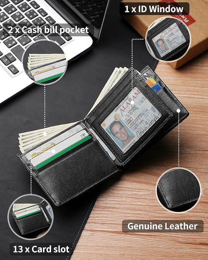 Mens Wallet Bifold Genuine Leather RFID Blocking Wallet for Men with 1 ID Window 13 Card Holders 2 cash pockets 1 Gift Box