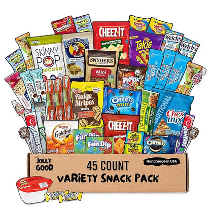 Jolly Good 45 Count Premium Brand Snack Box Variety Pack Care Package – Thanksgiving Gift Basket Candy Treats Chips Cookies for Adults, Kids, Teens, College Students, Men, Women – Ideal for Birthdays College School Office Military, all holidays includi...