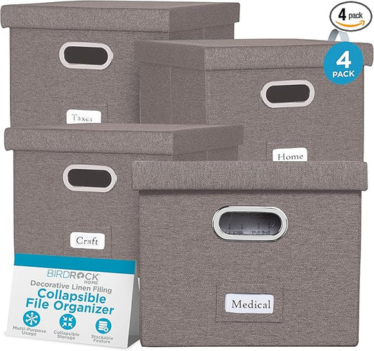 Internet's Best Collapsible File Storage Organizer with Lid - Decorative Linen Filing & Storage Office Box – Hanging Letter/Legal Folder – Home Office Bins Cabinet – Grey Container - 4 Pack