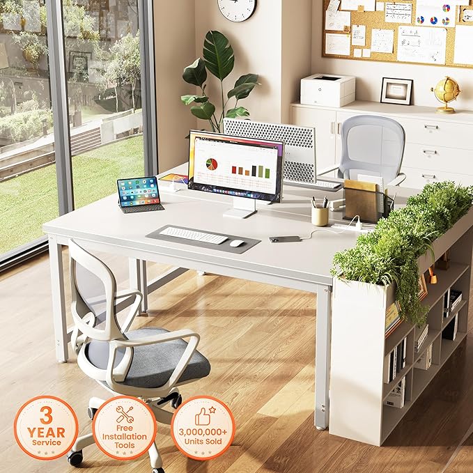 Huuger 55 x 24 inch Desk with Power Outlets & USB-C, Deeper & Thicker Desktop, Robust Metal Tubes, Computer Desk, Heavy Duty Office Desk, Work Gaming Desk for Home Office, White