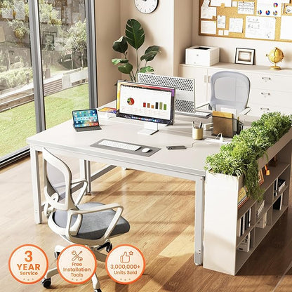 Huuger 55 x 24 inch Desk with Power Outlets & USB-C, Deeper & Thicker Desktop, Robust Metal Tubes, Computer Desk, Heavy Duty Office Desk, Work Gaming Desk for Home Office, White