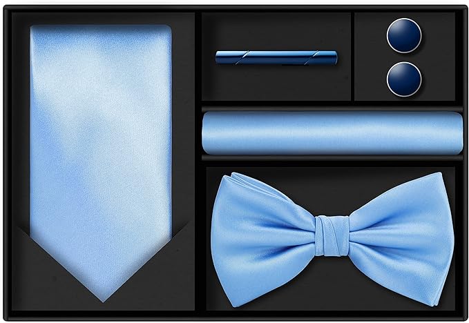 TIE G 5pcs Tie Set in WHITE OR BLACK GIFT BOX: Solid Color Necktie, Satin Bow Tie, Pocket Square, Lapel, Cuff Links