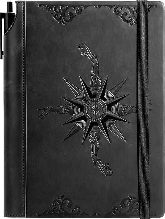 CAGIE Compass Leather Notebook Journal for Men, 100 GSM 288 Pages Lined Journals for Writing, A5 Hardcover Journaling Notebooks Gift Set with Pen for Travel Office Daily Writing