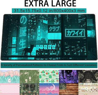 Cyan Green Japanese Desk Mat, Neon Tokyo Extended Mouse Pad Anime Cat Desk Pad, Gaming Mousepad XXL, Large Keyboard Mat for Gamers, Cool Computer Mat for Desk with Stitched Edges 31.5X15.7 in