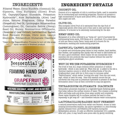 Beessential All Natural Bulk Foaming Hand Soap Refill, 64 oz Grapefruit | Made with Moisturizing Aloe & Honey - Made in the USA