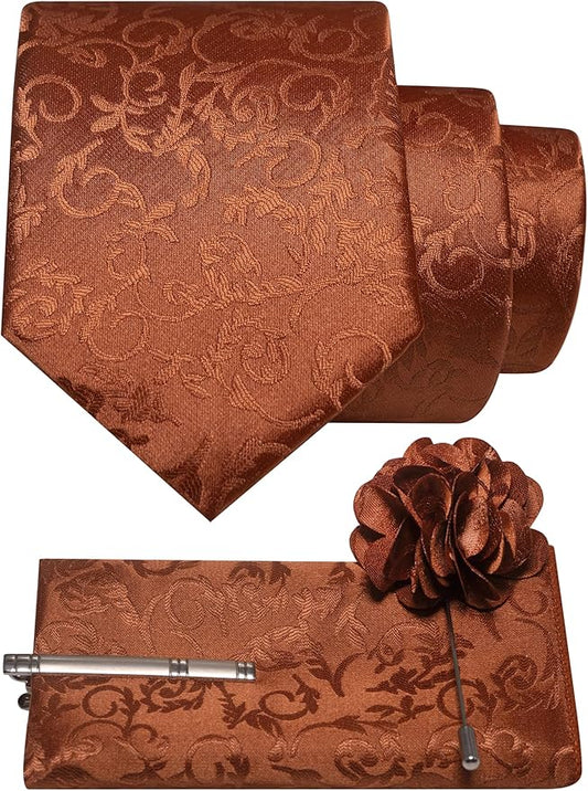 JEMYGINS Mens Floral Tie and Lapel Pin Necktie Pocket Square and Tie Clip with Sets for Business Casual 4PCS