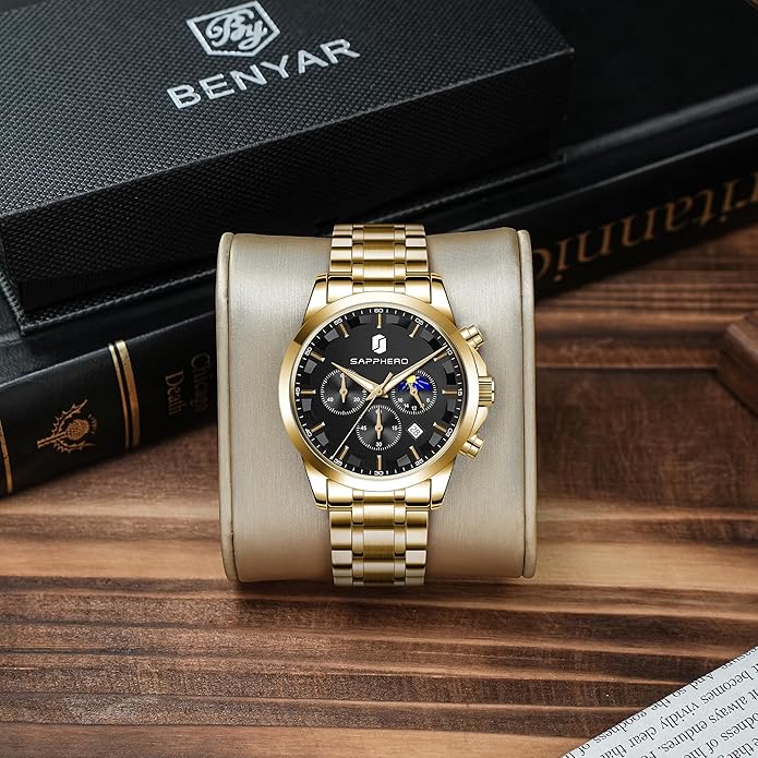 BY BENYAR Mens Watches Analog Quartz Chronograph Waterproof Wrist Watches for Men Fashion Business Work Casual Sport Designer Dress Watch with Calendar Elegant Gifts for Men