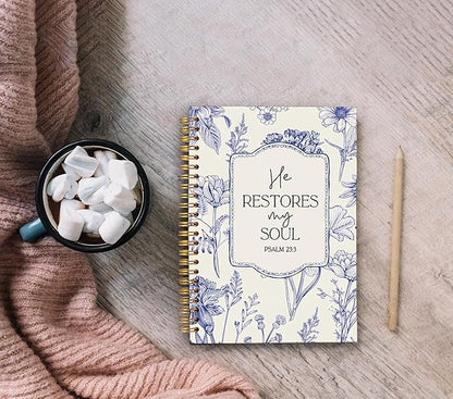 Christian Notebook for Women, Christian Art Gifts Journal, Prayer Journal for Women, Bible Journaling Notebook, PSALM 23:3 He Restores My Soul Floral Spiral Notebook 5.5x8.3