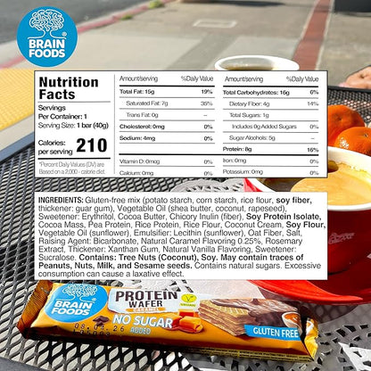 BRAIN FOODS Gluten Free Vegan Caramel Protein Wafers - 12 Bars, No Sugar Added, 8 grams Protein, No Palm Oil, 1.4 oz, 210 Calories, Guilt Free Snack, Natural Caramel Flavoring