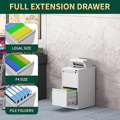 2 Drawer File Cabinet with Lock, Steel Vertical Filing Storage Cabinet for Home Office, Heavy-Duty File Cabinets for Letters/Legal/A4 (Require Assembly, White)