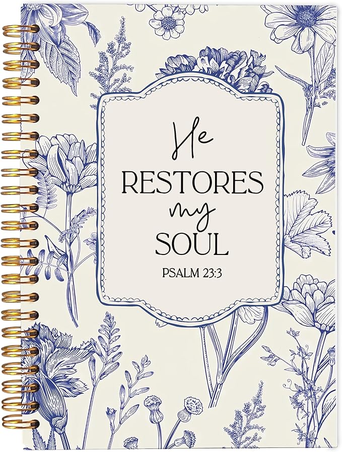 Christian Notebook for Women, Christian Art Gifts Journal, Prayer Journal for Women, Bible Journaling Notebook, PSALM 23:3 He Restores My Soul Floral Spiral Notebook 5.5x8.3