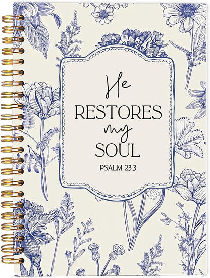 Christian Notebook for Women, Christian Art Gifts Journal, Prayer Journal for Women, Bible Journaling Notebook, PSALM 23:3 He Restores My Soul Floral Spiral Notebook 5.5x8.3
