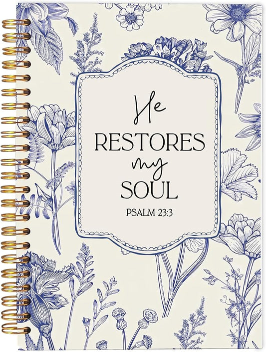 Christian Notebook for Women, Christian Art Gifts Journal, Prayer Journal for Women, Bible Journaling Notebook, PSALM 23:3 He Restores My Soul Floral Spiral Notebook 5.5x8.3