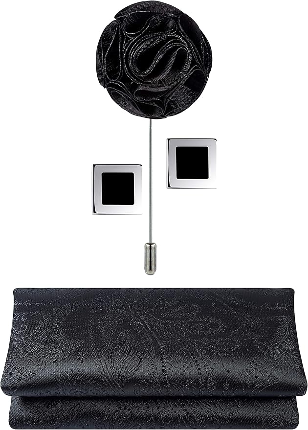 TIE G 5pcs Tie Set in WHITE OR BLACK GIFT BOX: Solid Color Necktie, Satin Bow Tie, Pocket Square, Lapel, Cuff Links