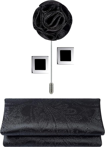 TIE G 5pcs Tie Set in WHITE OR BLACK GIFT BOX: Solid Color Necktie, Satin Bow Tie, Pocket Square, Lapel, Cuff Links