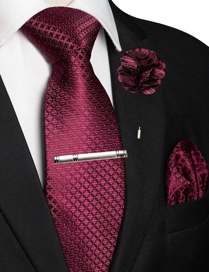 JEMYGINS Mens Solid Color Plaid Tie and Lapel Pin Necktie Pocket Square and Tie Clip with Sets for Business Casual 4PCS