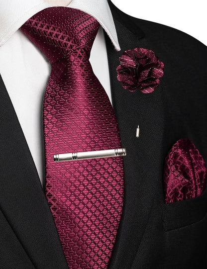 JEMYGINS Mens Solid Color Plaid Tie and Lapel Pin Necktie Pocket Square and Tie Clip with Sets for Business Casual 4PCS