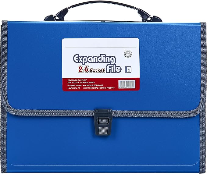FANWU 26 Pockets Expanding File Accordion Folder with Handle - Letter A4 Paper Size - Expandable Large Plastic File Folder Wallet Monthly Portable Document Organizer with Flap & Buckle (Blue)