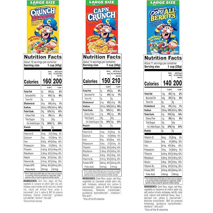 Cap'n Crunch Cereal, 3 Flavor Variety Pack, Large Size Boxes, (4 Pack)