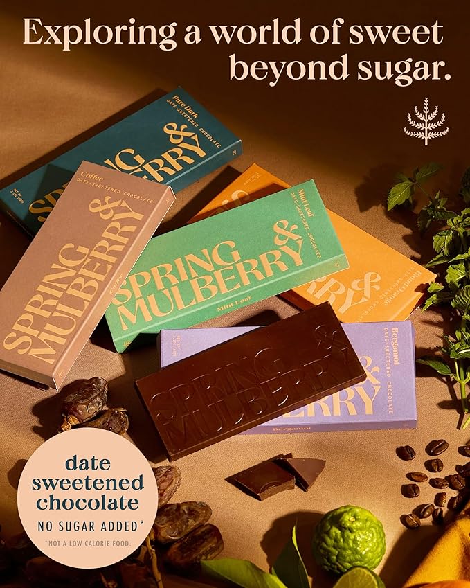 Spring & Mulberry Date-Sweetened Chocolate – 5-Bar Pack, Flavors with Fruits, Nuts, Spices & Essential Oils for the Perfect Treat
